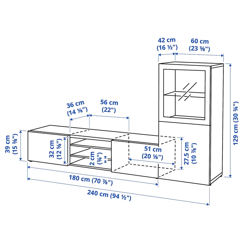 IKEA BESTÅ БЕСТО, комбінація шаф для тв / скляні дверц, чорна бронза / глянцевий сельвікен / чорне димчасте скло, 240x42x129 см 293.295.39 фото №9