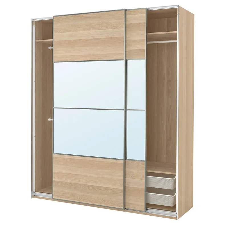 IKEA PAX ПАКС / MEHAMN / AULI МЕХАМН / АУЛИ, гардероб с раздвижными дверьми, Дуб беленый 2стр / Дуб беленый зеркало, 200x66x236 см 995.613.65 фото №1