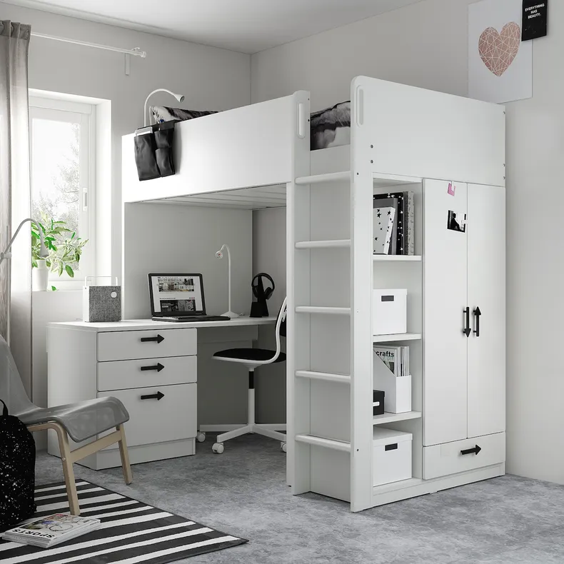 IKEA SMÅSTAD СМОСТАД, кровать-чердак, белый с письменным столом с 2 полками, 90x200 см 895.201.58 фото №3