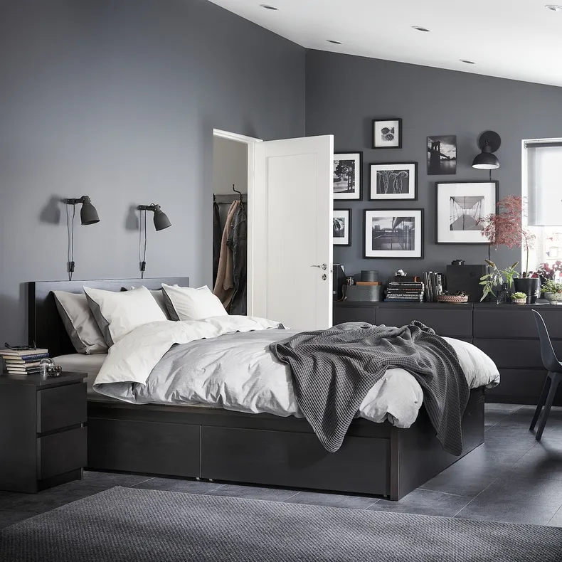 IKEA MALM МАЛЬМ, каркас кровати+2 кроватных ящика, черный / коричневый / Lindbåden, 140x200 см 994.949.55 фото №2