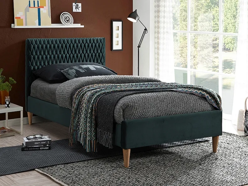 Кровать односпальная бархатная SIGNAL AZURRO Velvet, зеленый / дуб, 90x200 см фото №1