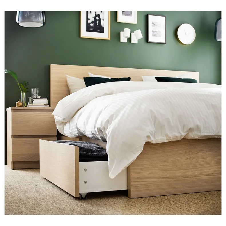 IKEA MALM МАЛЬМ, каркас кровати+2 кроватных ящика, дубовый шпон, беленый / Леирсунд, 180x200 см 191.766.12 фото №5