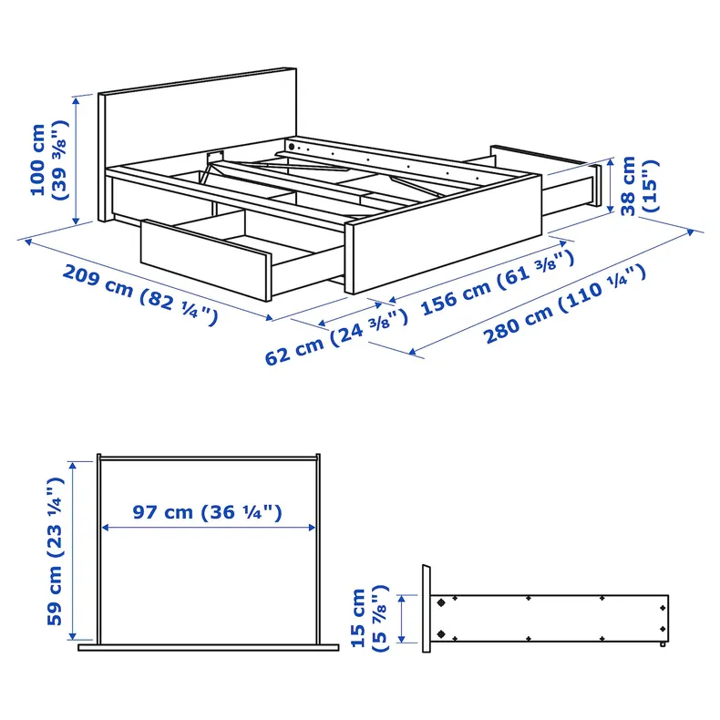 IKEA MALM МАЛЬМ, каркас кровати с 4 ящиками, черно-коричневый / Леирсунд, 140x200 см 990.199.15 фото №10