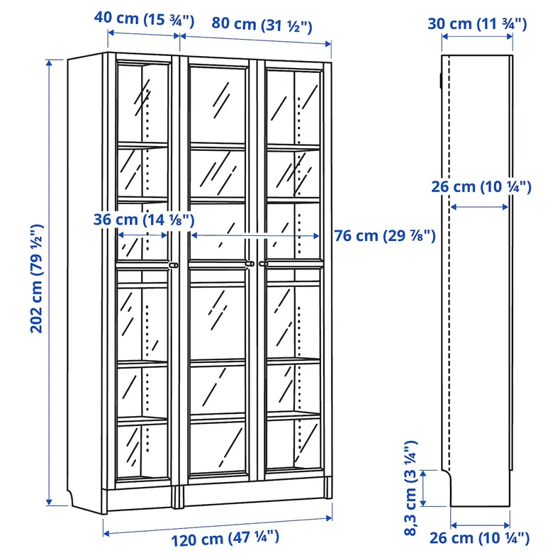 IKEA BILLY БИЛЛИ / OXBERG ОКСБЕРГ, шкаф книжный со стеклянными дверьми, белый, 120x30x202 см 692.818.04 фото №6