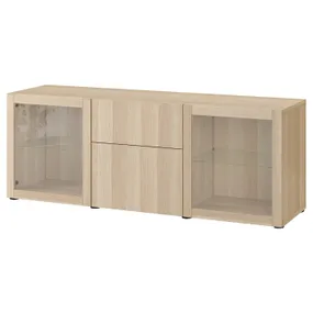 IKEA BESTÅ БЕСТО, комбинация для хранения с ящиками, беленый витражный дуб Lappviken / Sindvik беленый витражный дуб прозрачное стекло, 180x42x65 см 994.126.67 фото