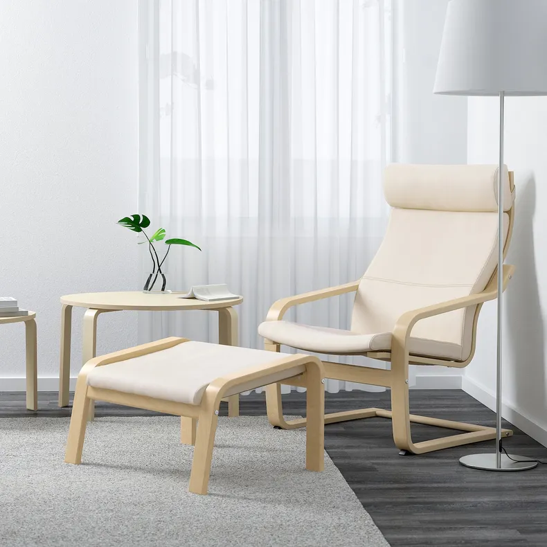 IKEA POÄNG ПОЕНГ, крісло та підставка для ніг, береза оклична / Глиска ламана біла 795.510.70 фото №2