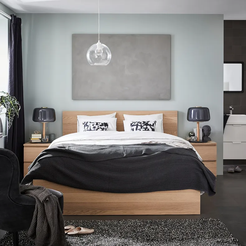 IKEA MALM МАЛЬМ, каркас ліжка, високий, білений дубовий шпон / ЛУРОЙ, 140x200 см 990.273.88 фото №3