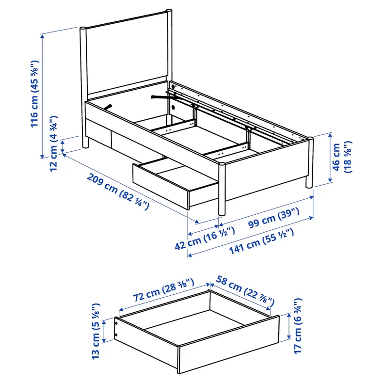 IKEA TONSTAD ТОНСТАД, каркас кровати с ящиками, okl дуб/Лурёй, 90x200 см 094.966.47 фото №8