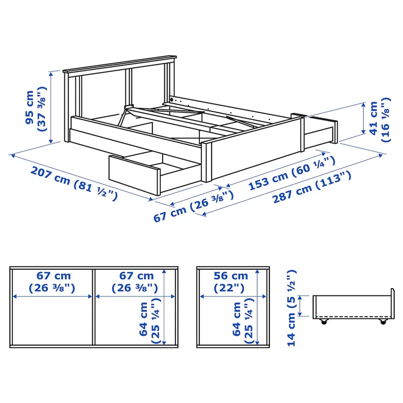 IKEA SONGESAND СОНГЕСАНД, каркас кровати с 4 ящиками, белый / Линдбоден, 140x200 см 494.950.47 фото №11
