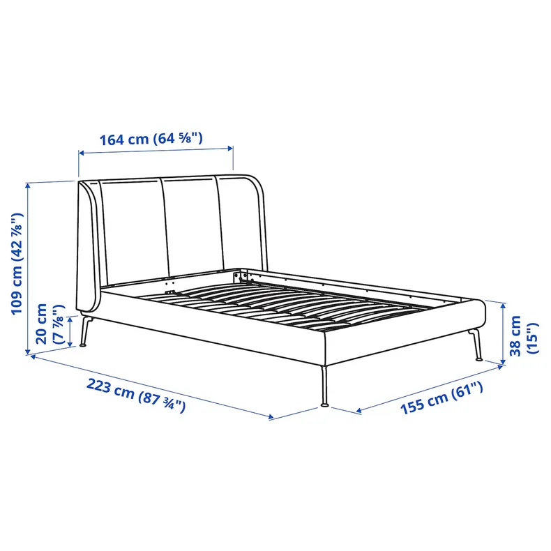 IKEA TUFJORD ТУФЙОРД, каркас ліжка з оббивкою, Талміра чорно-синій, 140x200 см 805.724.96 фото №9