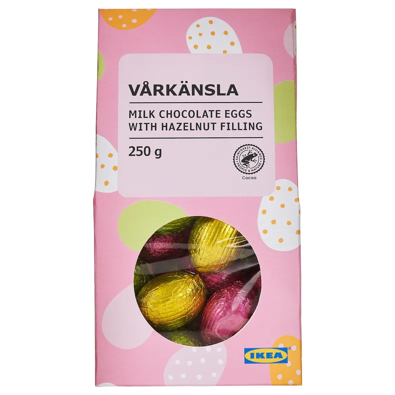 IKEA VÅRKÄNSLA, яйця з молочного шоколаду, з начинкою з волоського горіха Сертифіковано Rainforest Alliance, 250 g 505.463.38 фото №1