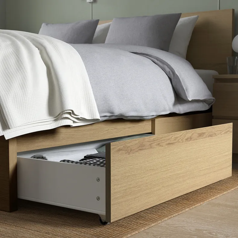 IKEA MALM МАЛЬМ, каркас кровати+2 кроватных ящика, дубовый шпон, беленый / Лурой, 160x200 см 191.765.89 фото №8