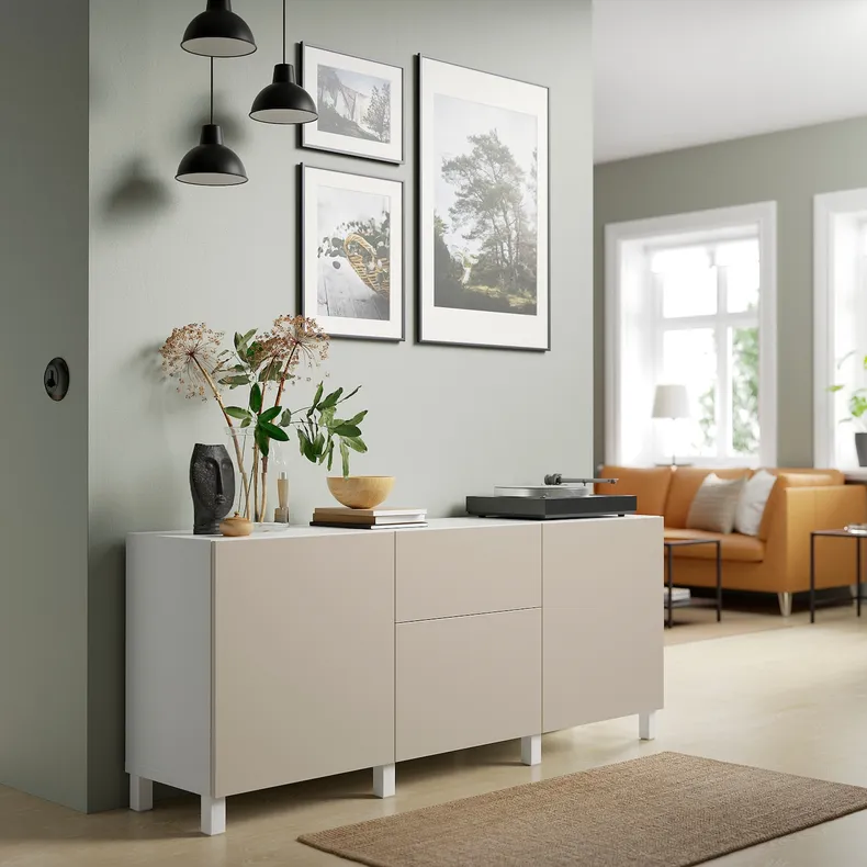 IKEA BESTÅ БЕСТО, модуль для зберігання із шухлядами, білий Lappviken/Stubbarp/світло-сірий/бежевий, 180x42x74 см 094.243.25 фото №3