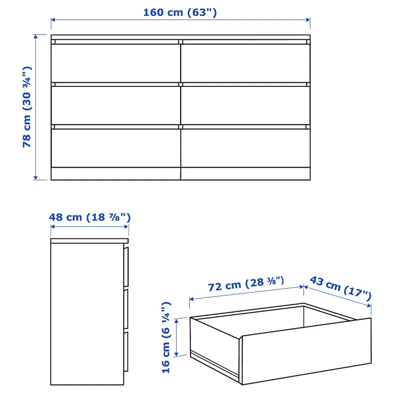 IKEA MALM МАЛЬМ, комод с 6 ящиками, Шпон дуба, окрашенный в белый цвет, 160x78 см 904.035.87 фото №6
