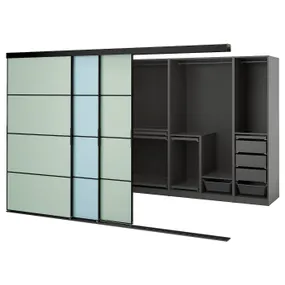 IKEA SKYTTA СКЮТТА / PAX ПАКС, гардеробная с раздвижными дверями, черный темно-серый/светло-синий/светло-зеленый, 301x160x205 см 995.525.30 фото