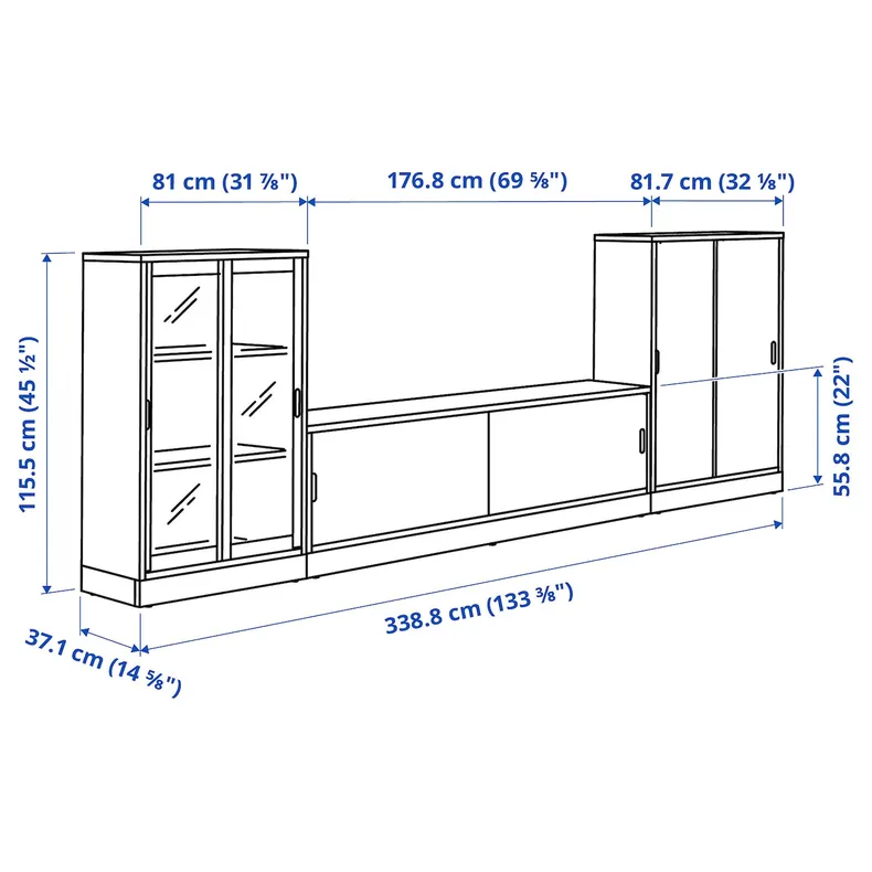IKEA TONSTAD ТОНСТАД, комбінація шаф д/тв з розсувн дверц, кремове/прозоре скло, 339x37x116 см 695.717.66 фото №6