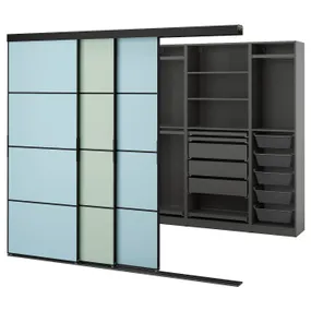 IKEA SKYTTA СКЮТТА / PAX ПАКС, гардероб із розсувними дверцятами, чорний темно-сірий/мехемний світло-блакитний/салатовий, 251x115x205 см 695.525.17 фото
