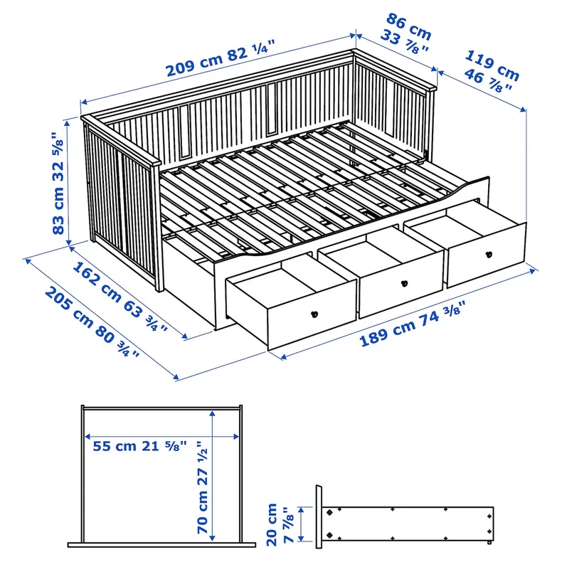 IKEA HEMNES ХЕМНЕС, кушетка, 3 шухляди, 2 матраци, білий, ОФЙЕЛЛ середньої жорсткості, 80x200 см фото №10