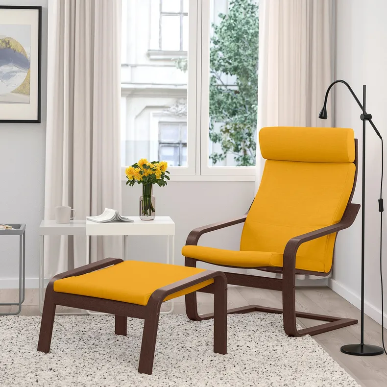 IKEA POÄNG ПОЕНГ, крісло та підставка для ніг, коричневий / СКІФТЕБУ жовтий 294.878.02 фото №2