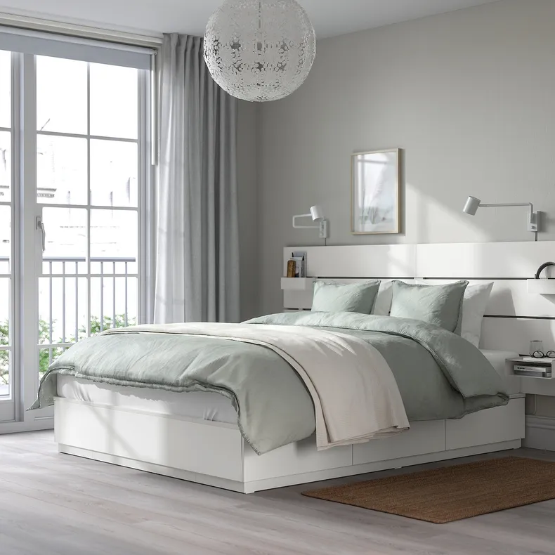 IKEA NORDLI НОРДЛИ, кровать с отд д / хранения и матрасом, с подголовником белый / Валевог средней жесткости, 160x200 см 395.396.31 фото №4