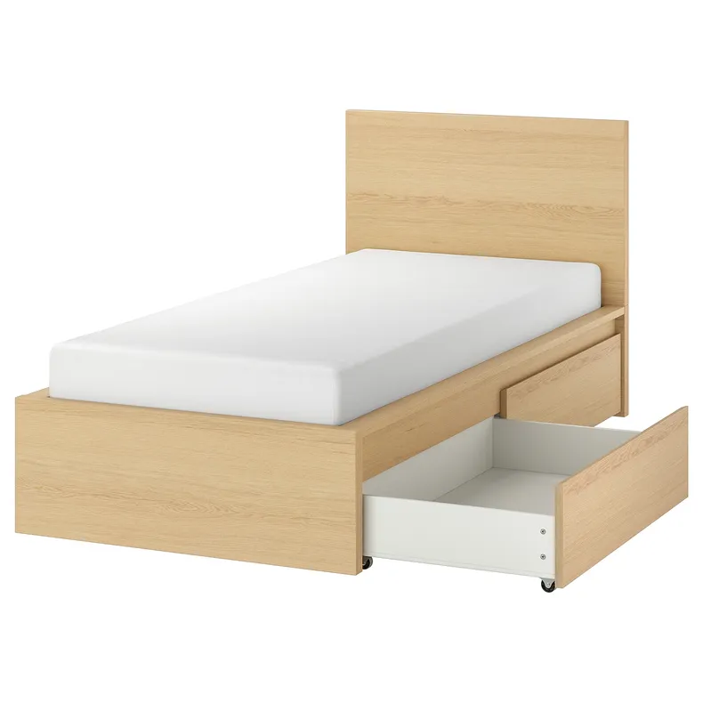 IKEA MALM МАЛЬМ, каркас кровати+2 кроватных ящика, дубовый шпон, беленый / Леирсунд, 90x200 см 891.573.18 фото №1