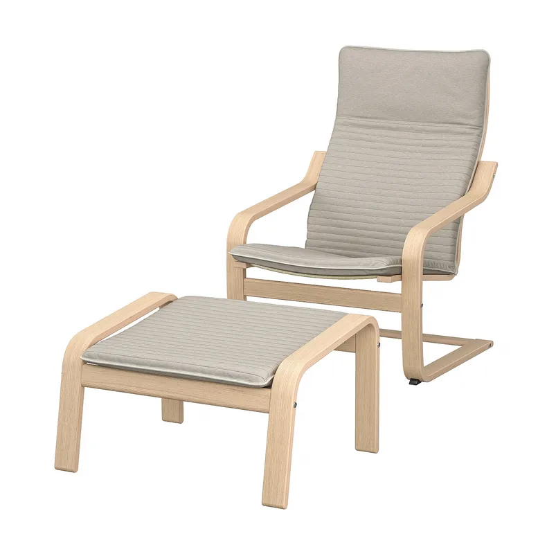 IKEA POÄNG ПОЕНГ, крісло та підставка для ніг, білений дубовий шпон / КНІСА світло-бежевий 694.842.22 фото №1