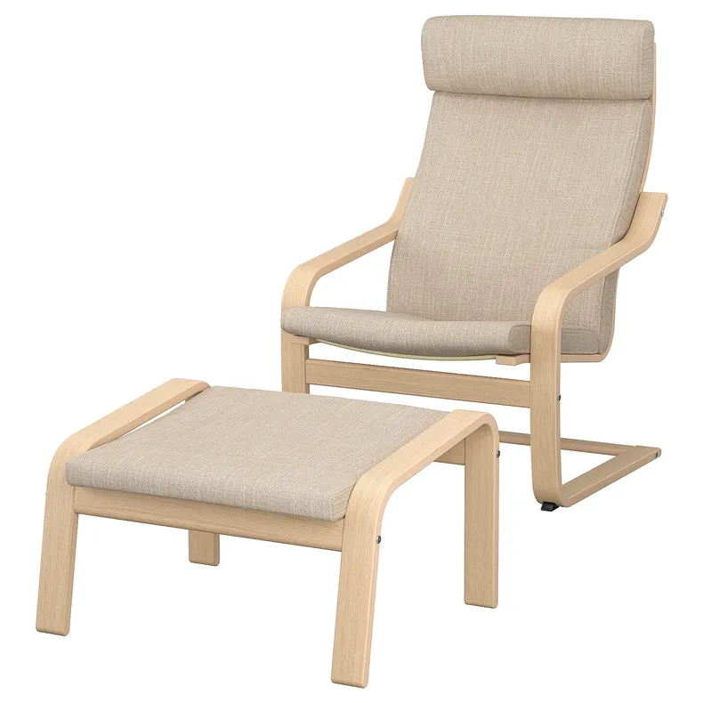 IKEA POÄNG ПОЕНГ, крісло та підставка для ніг, білений дубовий шпон / ХІЛЛАРЕД бежевий 494.842.75 фото №1