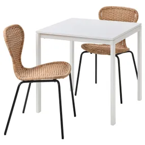 IKEA MELLTORP МЕЛЬТОРП / ÄLVSTA ЭЛЬВСТА, стол и 2 стула, белый белый / ротанг черный, 75x75 см 994.907.64 фото