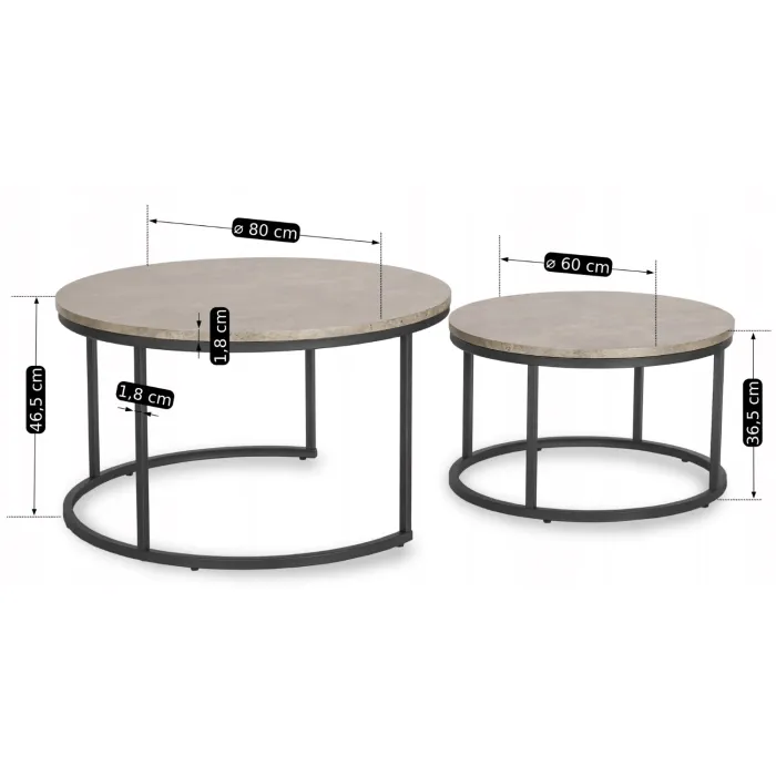 Комплект журнальных столиков (2 шт круглые) MEBEL ELITE ROCKY MAX, 80 см, Серый/Черный фото №11