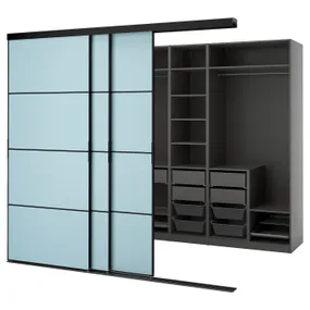 IKEA SKYTTA СКЮТТА / PAX ПАКС, гардероб із розсувними дверцятами, чорний темно-сірий / світло-блакитний Mehamn, 276x160x240 см 495.524.86 фото