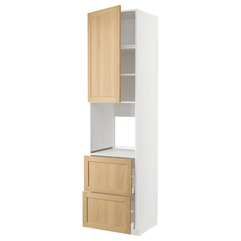 IKEA METOD МЕТОД / MAXIMERA МАКСІМЕРА, висока шафа для духовки+дверц / 2шухл, білий / ФОРСБАККА дуб, 60x60x240 см 495.095.39 фото №1