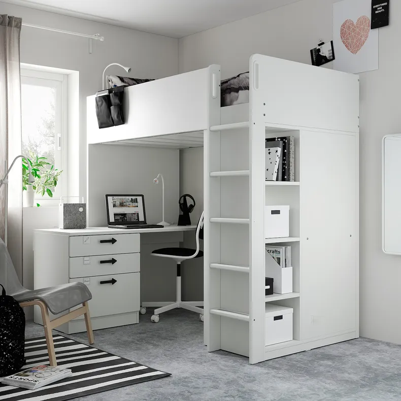 IKEA SMÅSTAD СМОСТАД, кровать-чердак, белый с письменным столом с 4 ящиками, 90x200 см 994.288.66 фото №4