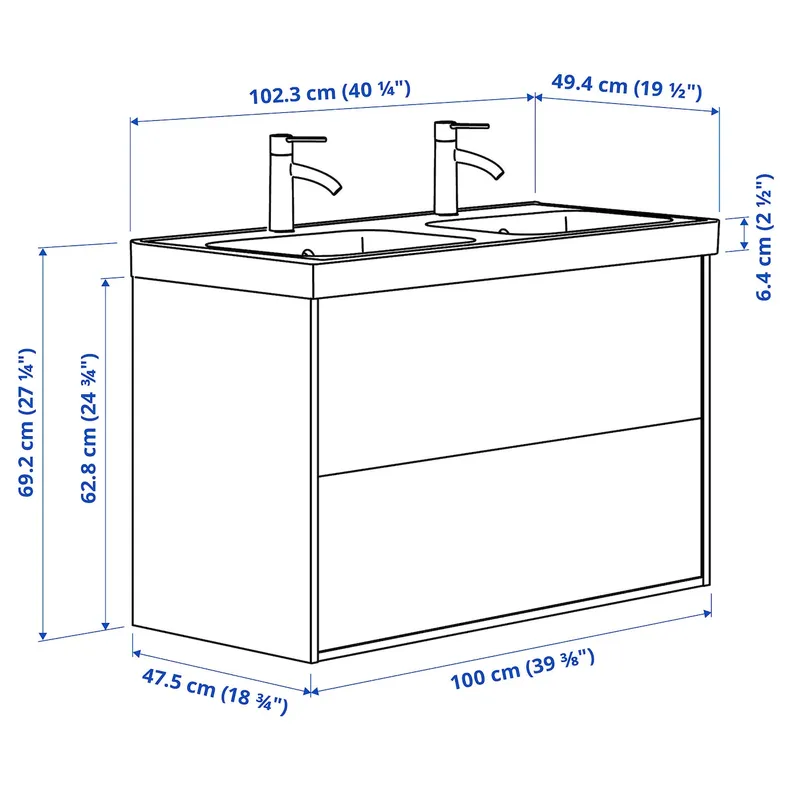 IKEA HAVBÄCK ХАВБЭКК, ORRSJÖN ОРРШЁН, шкаф с ящиками, раковина, смесители, белый, 102x49x69 см фото №6