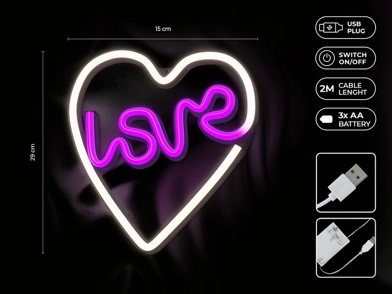 BRW Неоновый настенный светильник Love Heart LED розовый и белый 093797 фото №3