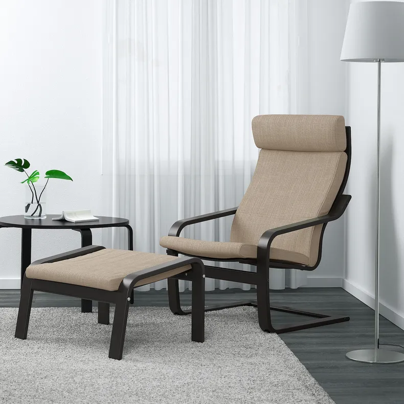 IKEA POÄNG ПОЕНГ, крісло та підставка для ніг, чорно-коричневий / ХІЛЛАРЕД бежевий 394.842.66 фото №2
