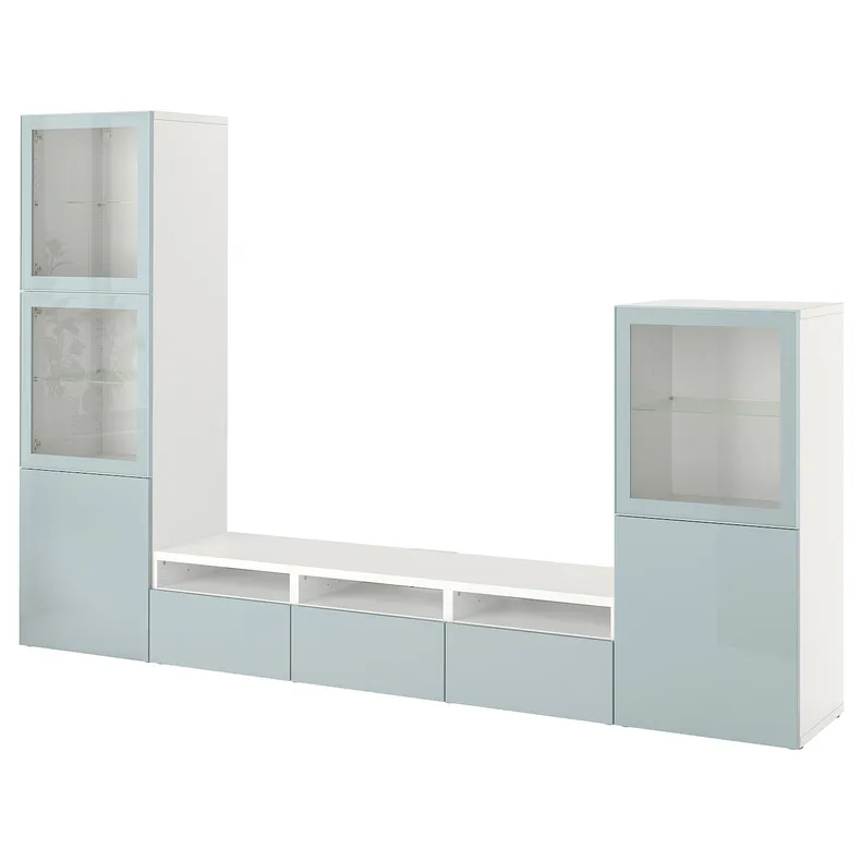 IKEA BESTÅ БЕСТО, комбінація шаф для тв / скляні дверц, білий Glassvik / Selsviken світло-сірий синій, 300x42x193 см 694.213.62 фото №1