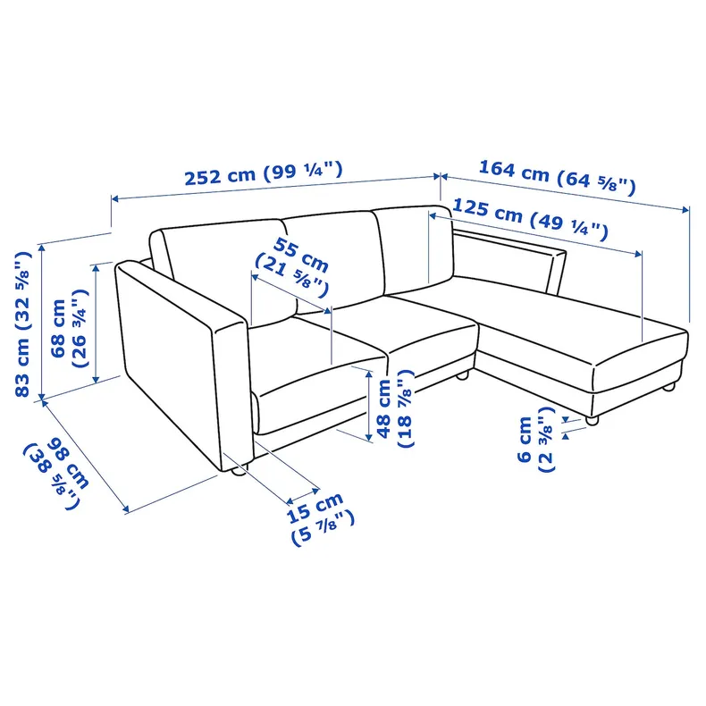 IKEA VIMLE ВІМЛЕ, 3-місний диван із кушеткою, САКСЕМАРА світло-синій фото №9