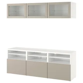 IKEA BESTÅ БЕСТО, комбинация для ТВ / стеклянные дверцы, белый Sindvik / Lappviken светло-серый / бежевый, 180x42x192 см 394.359.97 фото