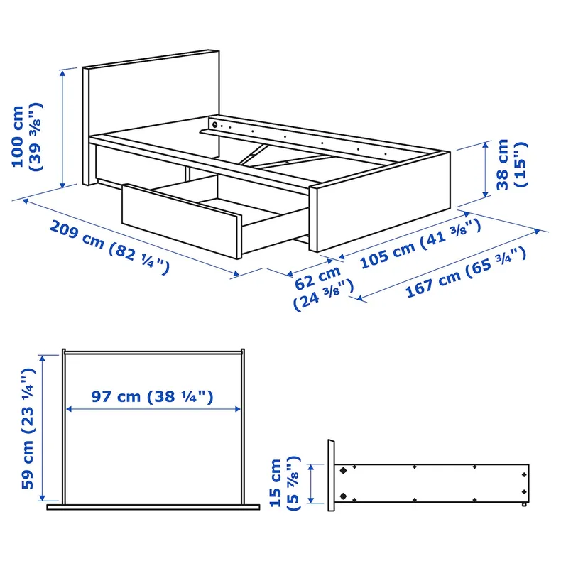 IKEA MALM МАЛЬМ, каркас кровати+2 кроватных ящика, черно-коричневый / Лурой, 90x200 см 690.115.05 фото №8