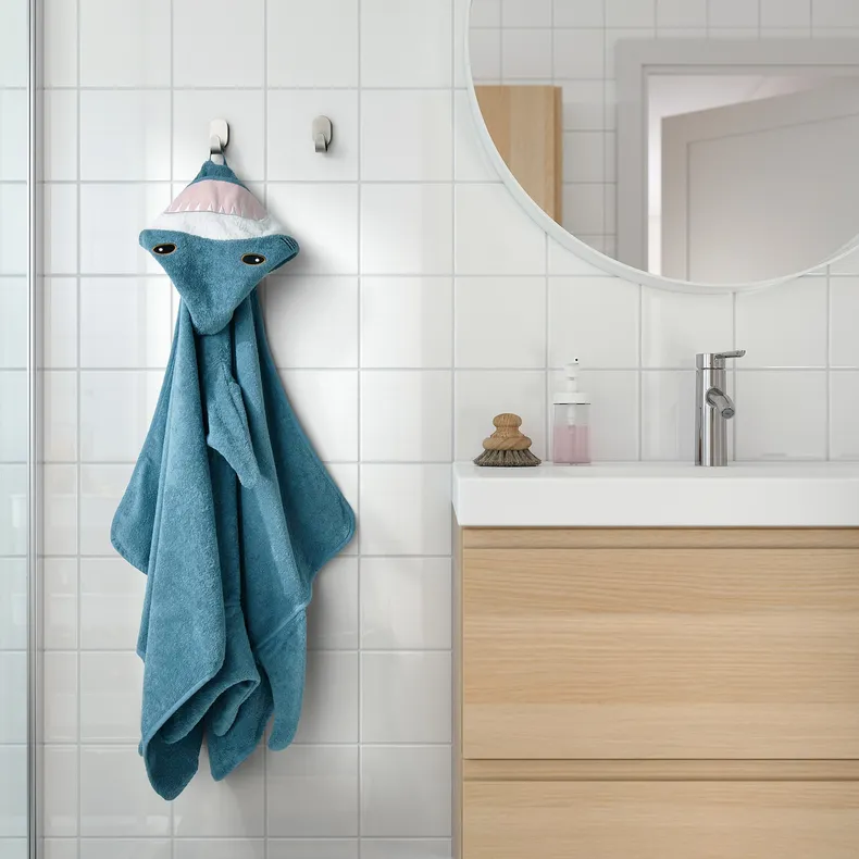 IKEA BLÅVINGAD БЛОВИНГАД, полотенце с капюшоном, акулообразный/сине-серый, 70x140 см 905.284.41 фото №4