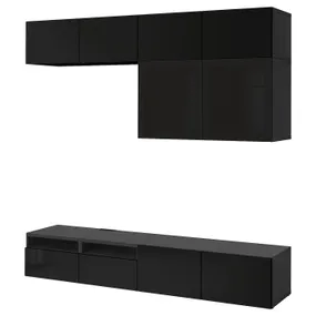 IKEA BESTÅ БЕСТО, комбінація шаф для тв / скляні дверц, чорна бронза / глянцевий сельвікен / чорне димчасте скло, 240x42x231 см 294.122.13 фото