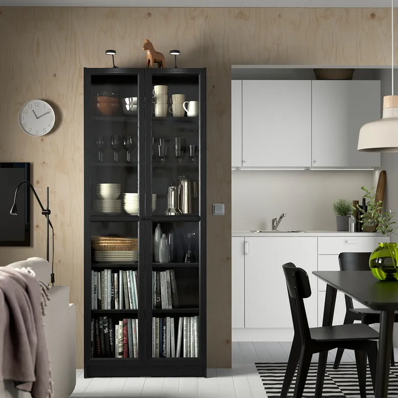 IKEA BILLY БІЛЛІ / OXBERG ОКСБЕРГ, книжкова шафа зі склян дверц, чорний під дуб, 80x30x202 см 594.833.17 фото №2