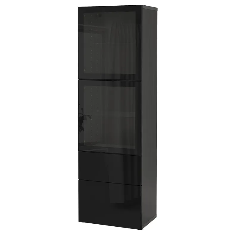 IKEA BESTÅ БЕСТО, комбинация д / хранения+стекл дверц, черно-коричневый / сельсвикенский глянец / черное прозрачное стекло, 60x42x193 см 693.011.09 фото №1