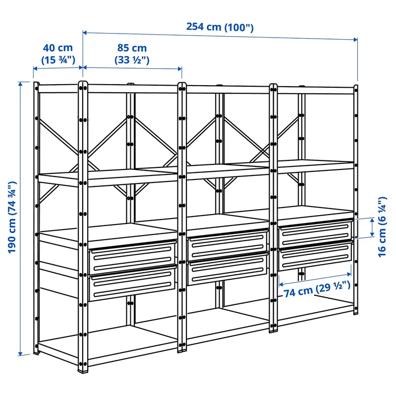 IKEA BROR БРУР, стеллаж с ящиками / полками, черный, 254x40x190 см 794.369.09 фото №3