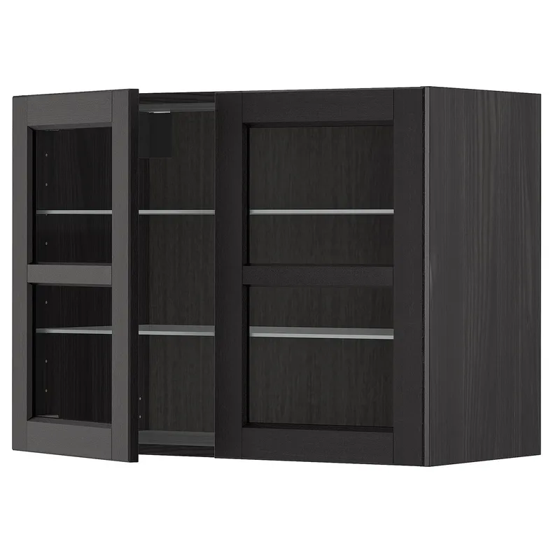 IKEA METOD МЕТОД, навесной шкаф / полки / 2стеклян двери, черный / Лерхиттан с черными пятнами, 80x60 см 694.671.52 фото №1
