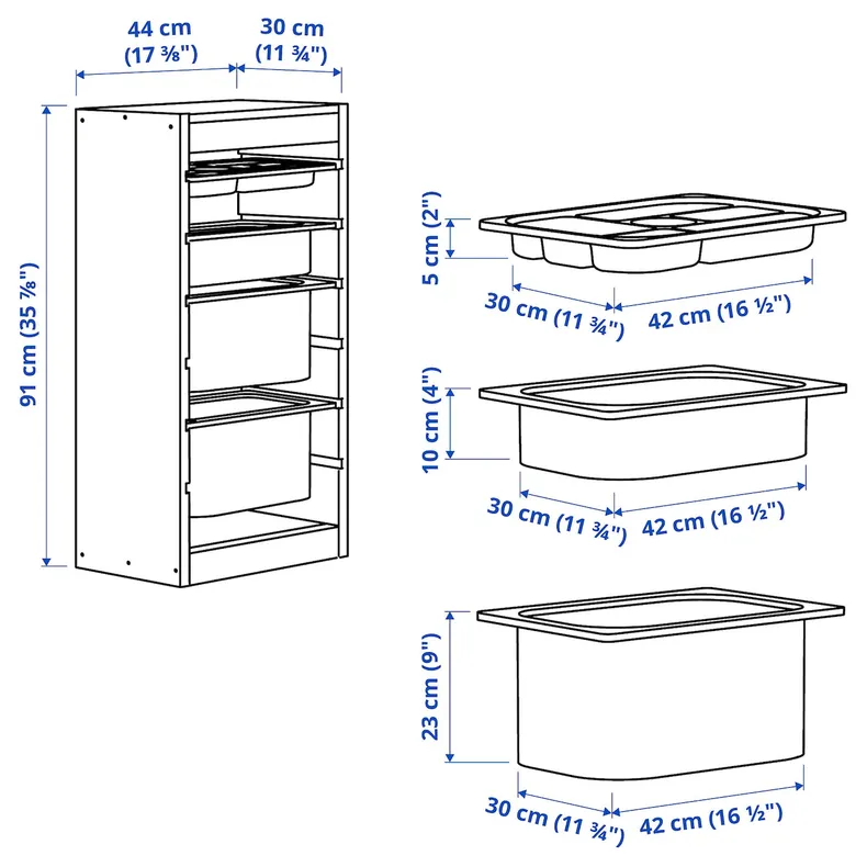 IKEA TROFAST ТРУФАСТ, комбинация с контейнерами / лотком, светлая сосна, окрашенная в серый / белый цвет, 44x30x91 см 094.784.03 фото №6