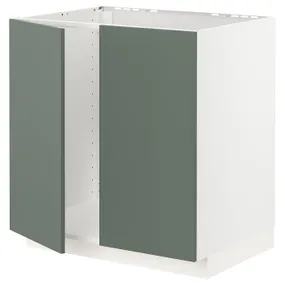 IKEA METOD МЕТОД, підлогова шафа для мийки+2 дверцят, білий / БОДАРП сіро-зелений, 80x60 см 794.611.64 фото