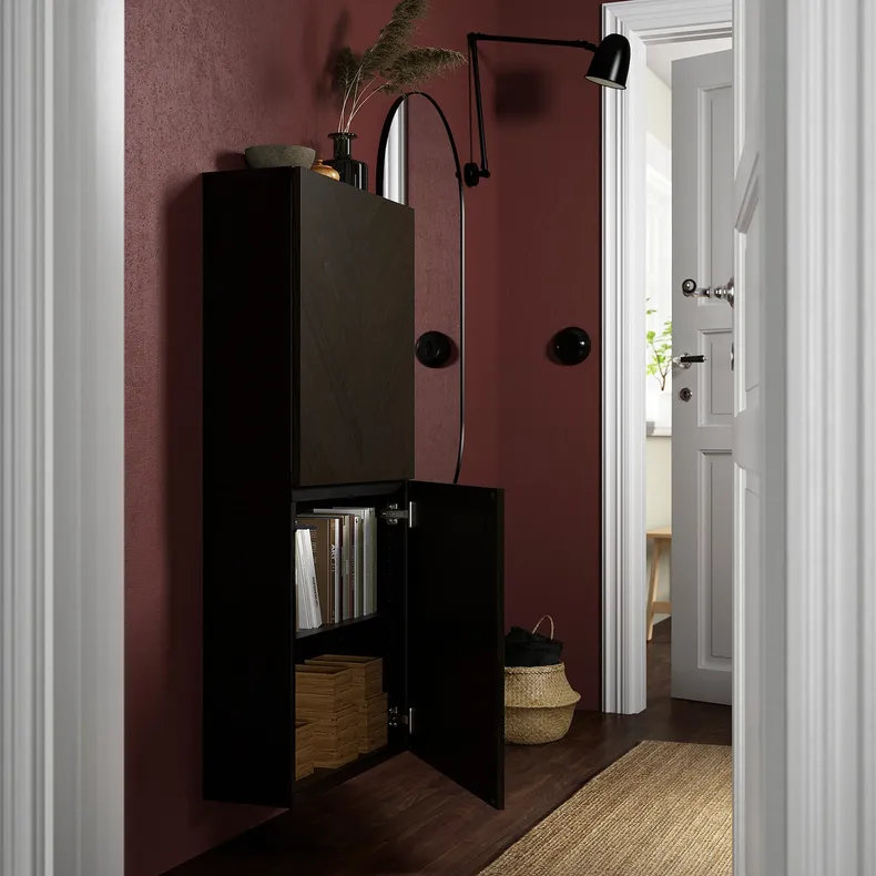 IKEA BESTÅ БЕСТО, навесной шкаф с 2 дверями, Hedeviken черный / коричневый / темно-коричневый, окрашенный шпоном дуба, 60x22x128 см 094.219.68 фото №2