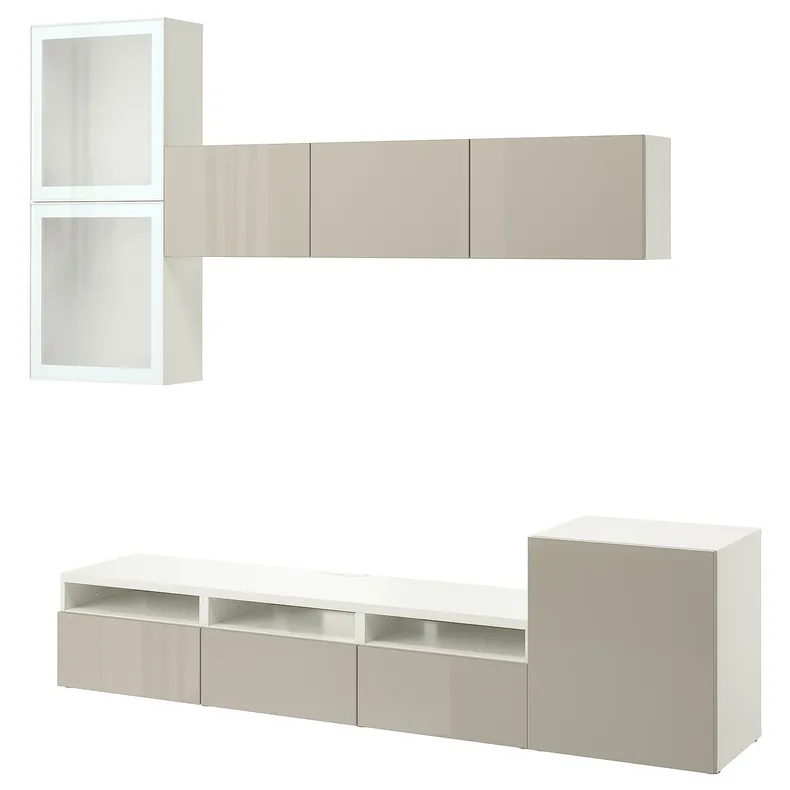 IKEA BESTÅ БЕСТО, комбінація шаф для тв / скляні дверц, біле скло / Selsviken high gloss / бежеве матове скло, 300x42x211 см 894.887.71 фото №1