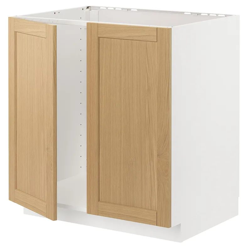 IKEA METOD МЕТОД, напольный шкаф для мойки+2 двери, белый / дуб форсбака, 80x60 см 395.091.01 фото №1